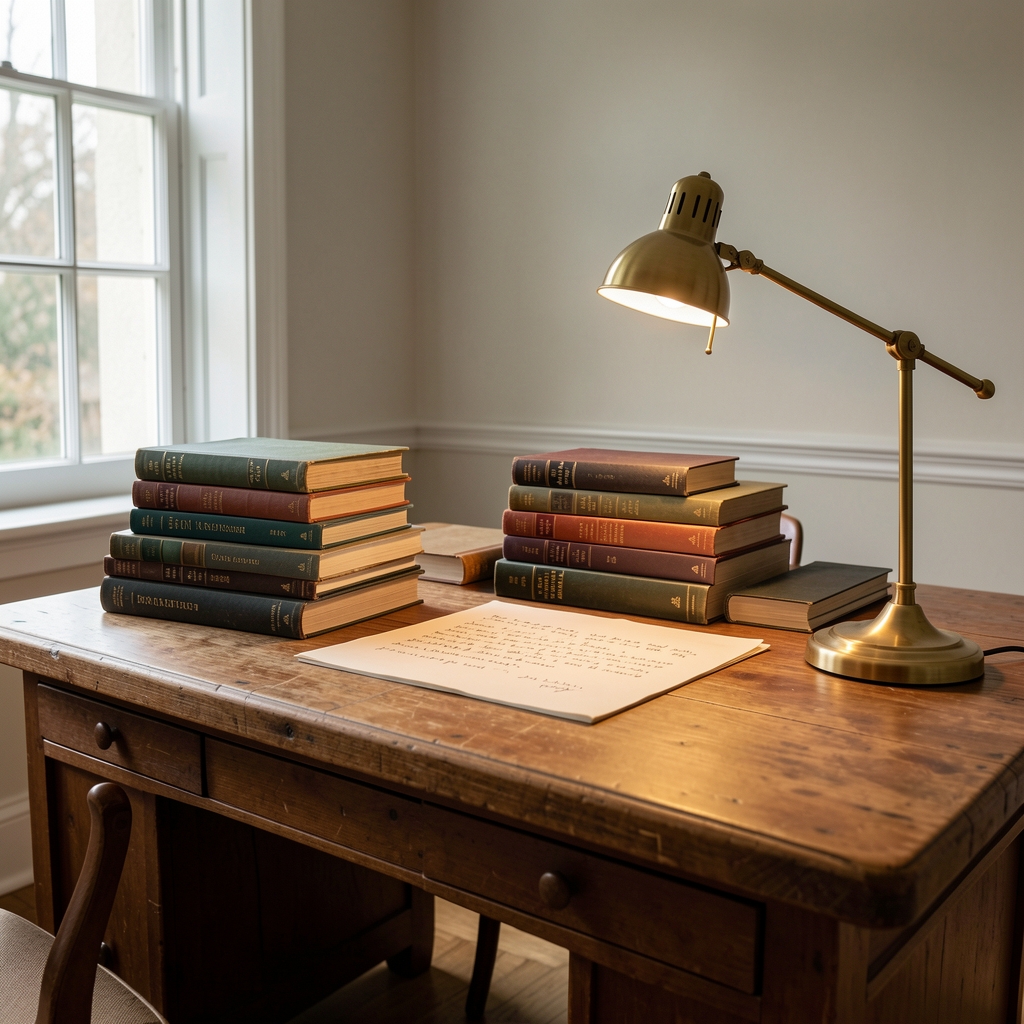 Editorial workspace with a large wooden desk, stacked reference books, a brass desk lamp illuminating handwritten notes, natural window light from the left side