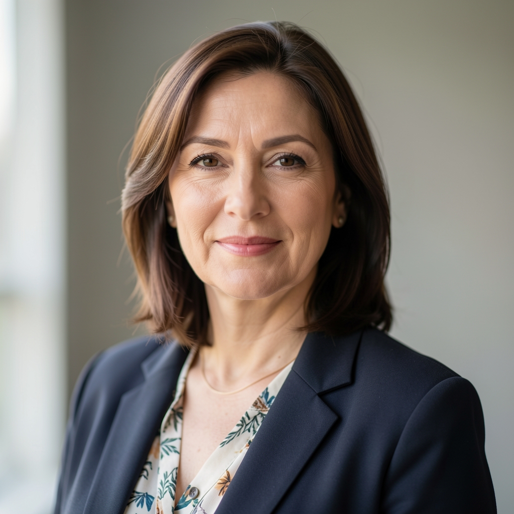 Editorial portrait photograph of a woman in her forties, soft natural light from the left, neutral background, professional composure