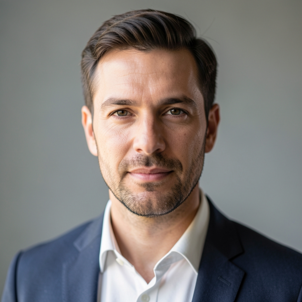 Editorial portrait photograph of a man in his late thirties, natural window light, neutral grey background, composed expression