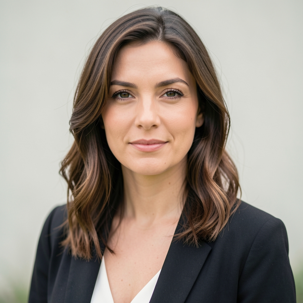 Editorial portrait photograph of a woman in her early thirties, natural daylight, light neutral background, focused expression