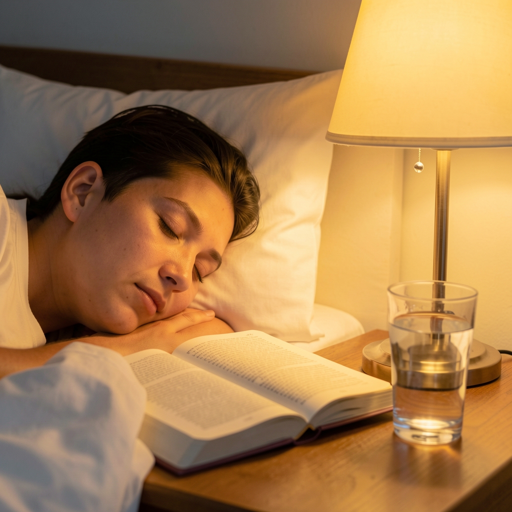 Close-up view of a person lying awake in the early hours, bedside lamp casting warm yellow light on an open journal and a half-drunk glass of water on a wooden surface