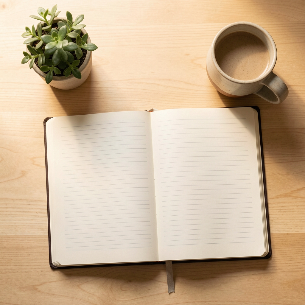 Top-down view of a wellness journal spread open on a light wooden table, surrounded by a ceramic mug, a small plant, and soft morning window light