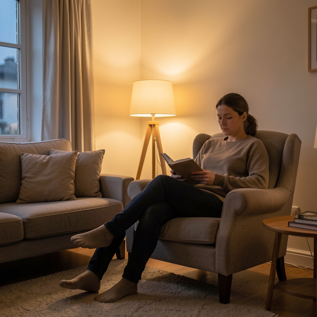 A quiet living room in the evening with warm lamp light, a person seated in an armchair with a book, creating a calm pre-sleep wind-down atmosphere with no screens visible
