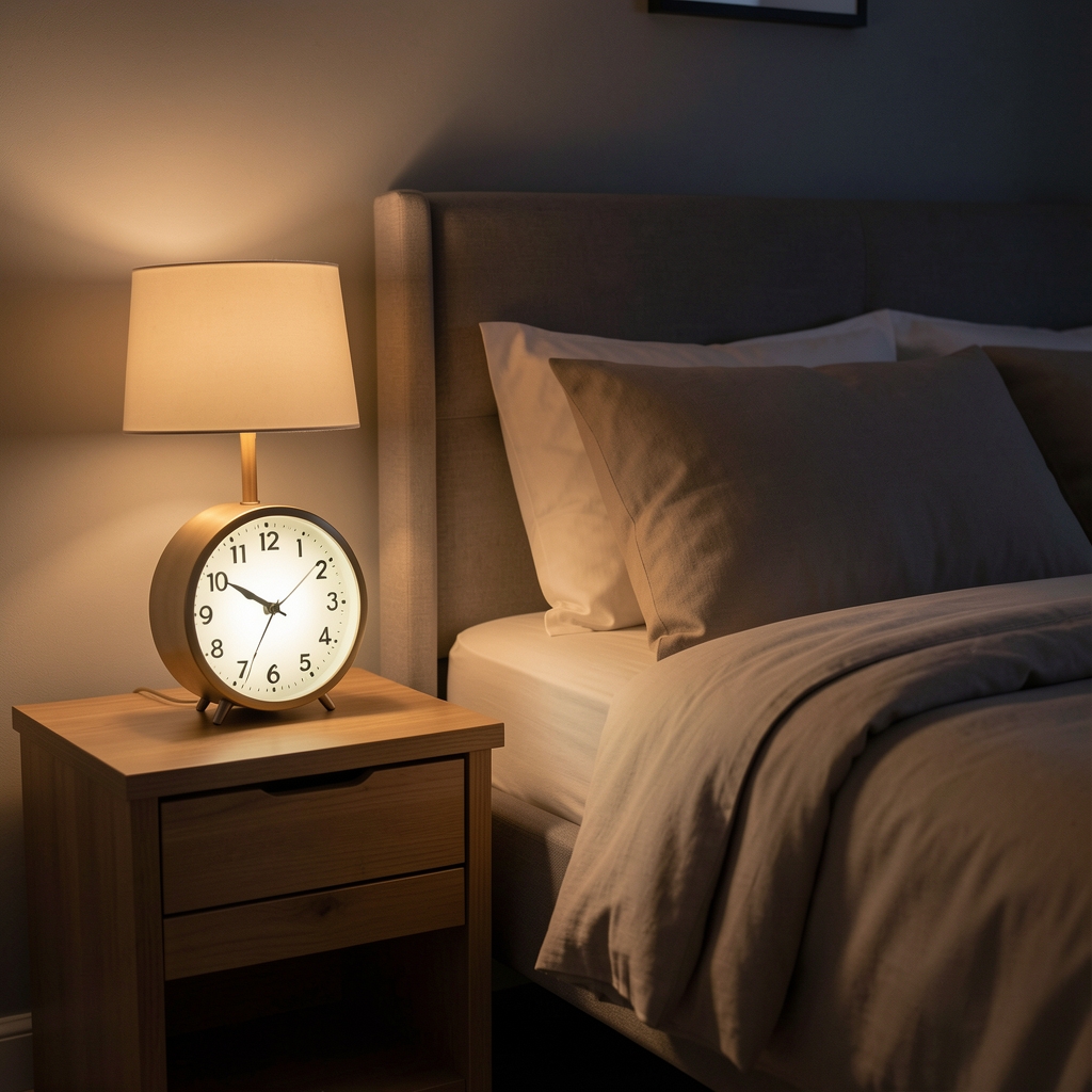 Dimly lit bedroom at night with a softly glowing alarm clock on a wooden nightstand, warm ambient light, tidy bedding in neutral tones suggesting a calm sleep environment