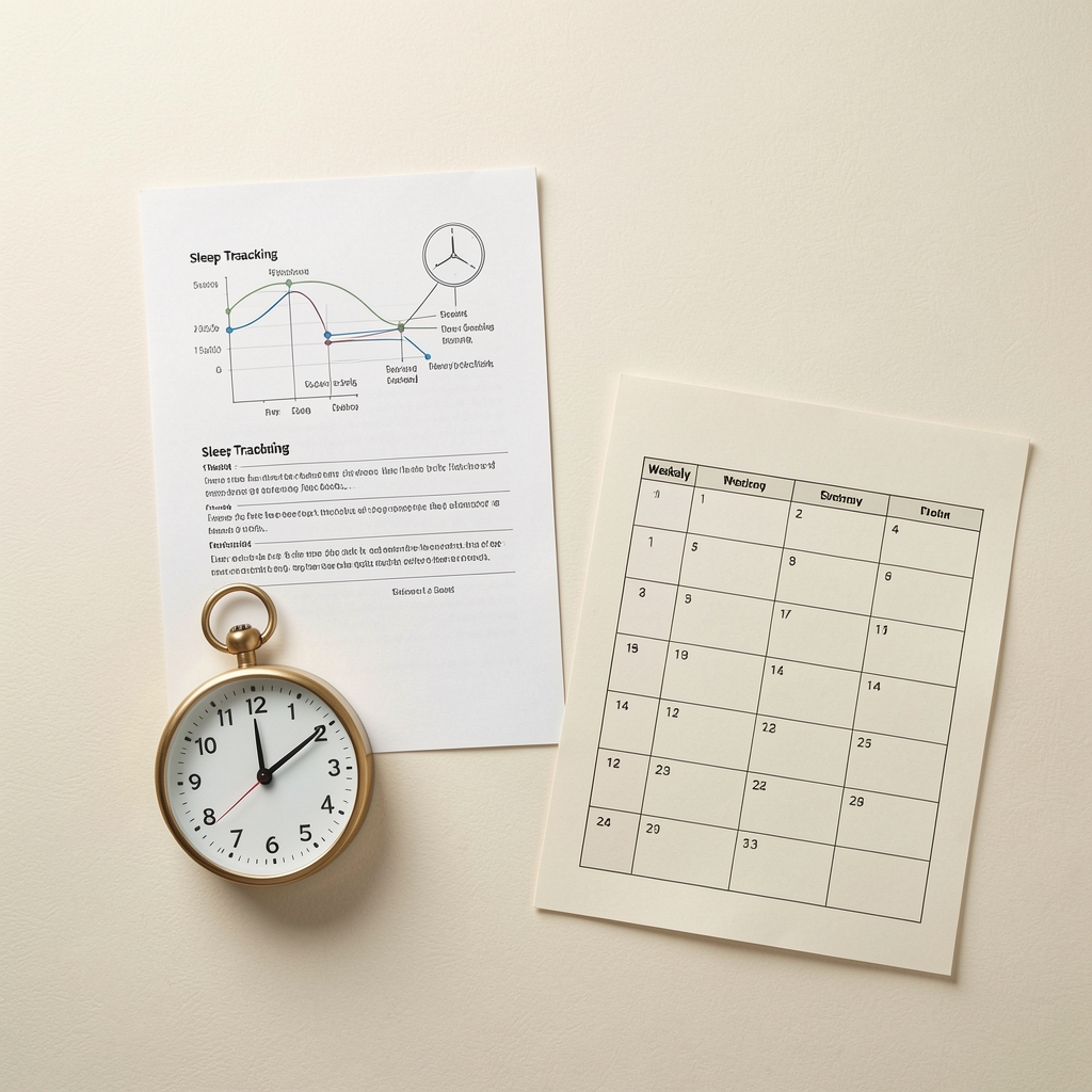A scientific diagram-style overhead flat lay of sleep tracking notes, a small clock, and a structured weekly planner on textured cream paper under studio lighting
