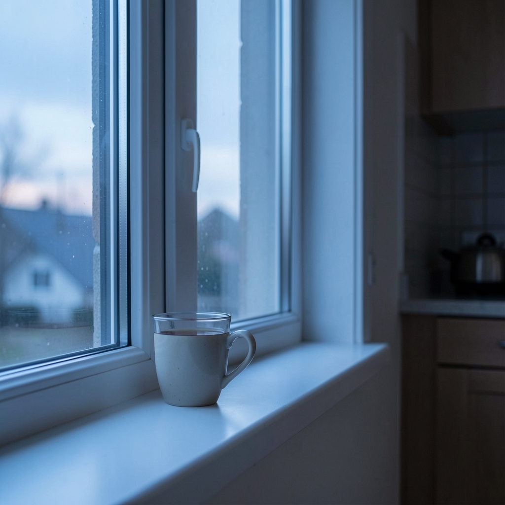 Early morning view through a window with soft blue pre-dawn light, a solitary cup of tea on a windowsill, sparse kitchen counter in the background suggesting a quiet morning after a disturbed night