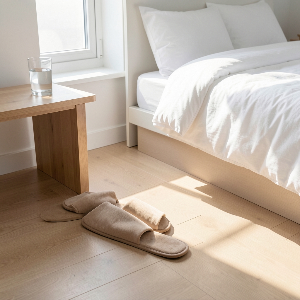 Morning light streaming across a tidy bedroom floor, a pair of slippers and a glass of water on a bedside table, bright clean environment suggesting a well-rested start to the day
