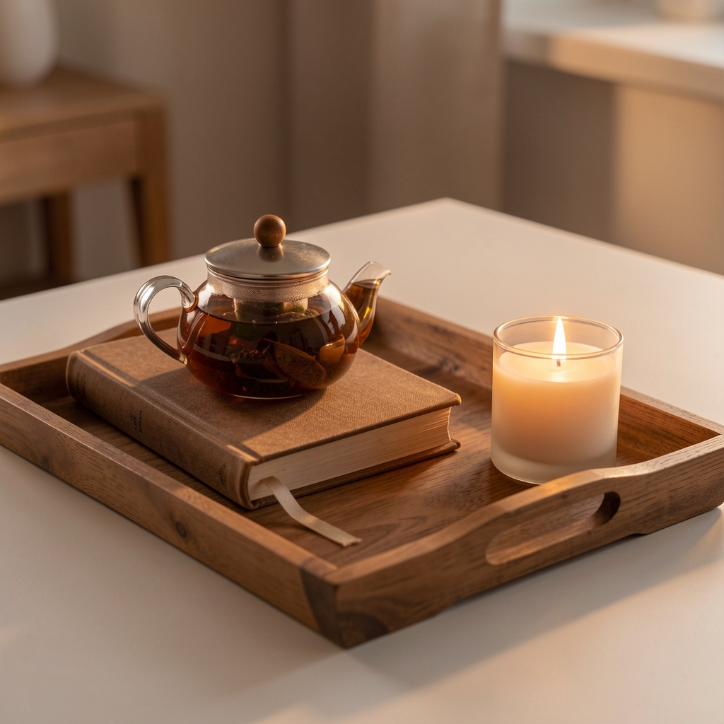 Close-up of a wooden tray arranged with a small herbal tea pot, a book with a ribbon bookmark, and a single candle on a clean surface in warm low evening light